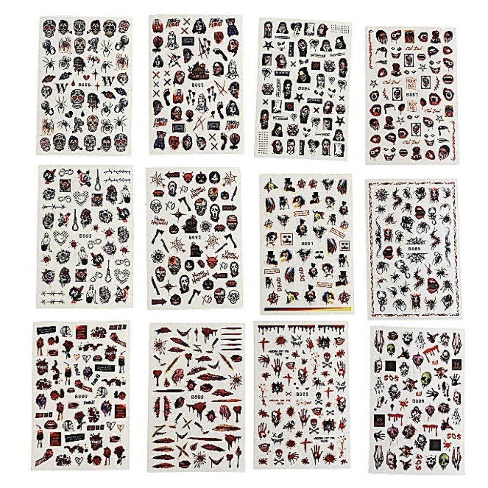 12 Sheets Nail Art Halloween Stickers Decals Scary Film Characters Self-Adhesive